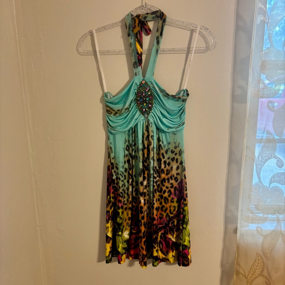 Venus Teal Halter Dress with Jewel Accent
